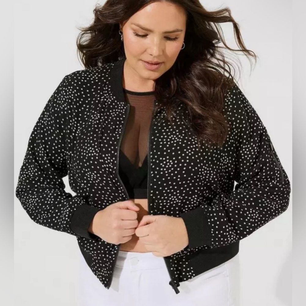 Torrid Black Polka Dot Chiffon Lightweight Bomber Jacket, Size 1X